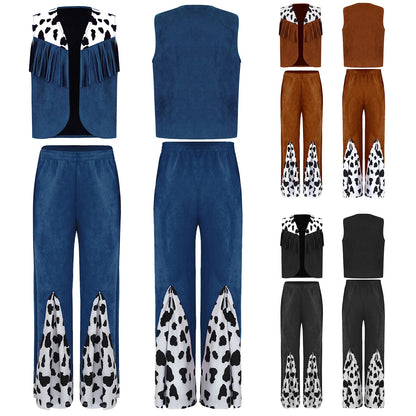 Enfants enfant Halloween Western Cowboy Cowgirl Cosplay Costume imprimé vache gilet à pampilles et ensemble de pantalon évasé Carnaval fête habiller