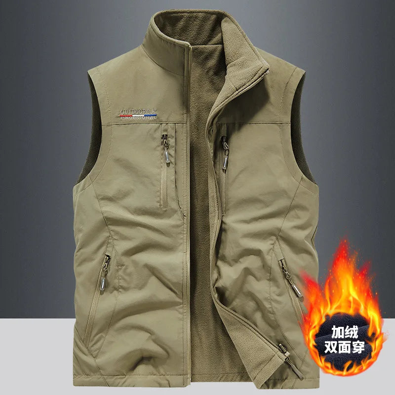 Men Autumn Fleece Outdoor Vest 4XL Utility Tactical Multi-pocket Techwear Outdoor Hiking Fishing Photography Safari Cargo Vest
