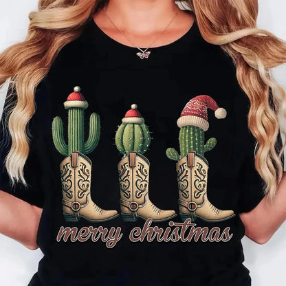 Bottes chemises de noël Western Cowgirl vacances t-shirt décontracté à manches courtes haut vêtements pour femmes dessin animé Streetwear Y2k vêtements