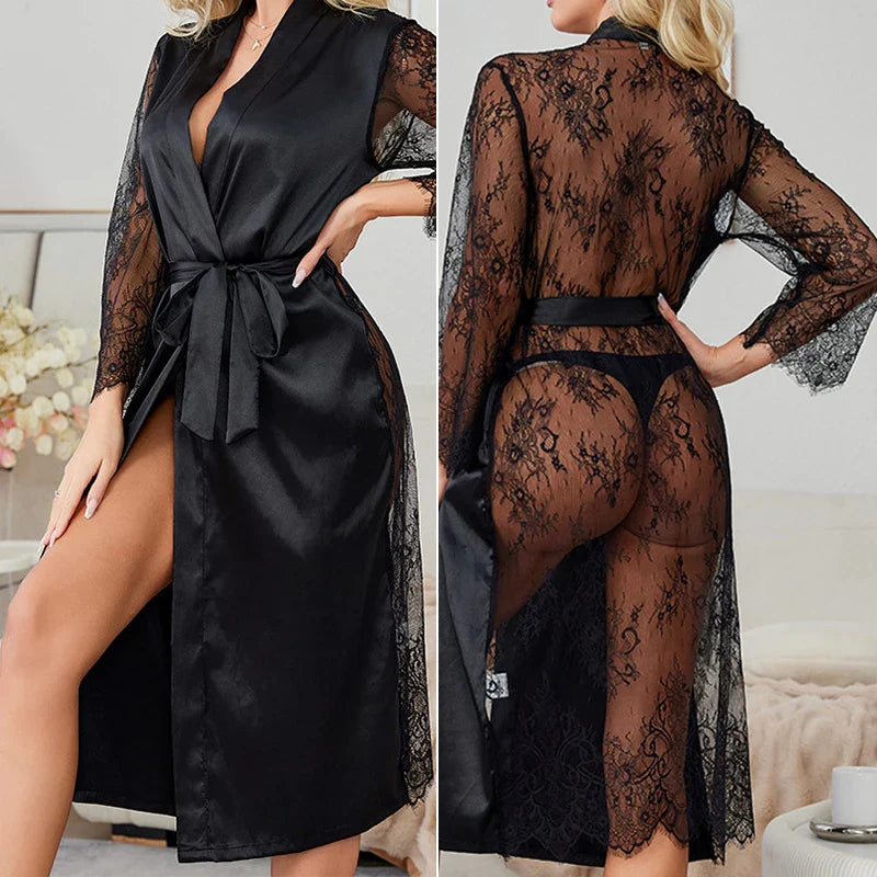 Nouvelle Robe Longue Femme Tenue de Détente Sexy Tentation Perspective Dentelle Peignoir Kimono Soie Satinée Chemise de Nuit Robe de Chambre