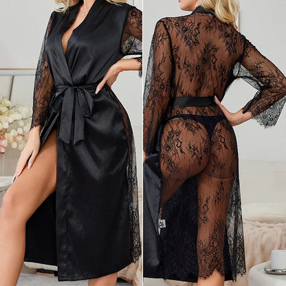 Nouvelle Robe Longue Femme Tenue de Détente Sexy Tentation Perspective Dentelle Peignoir Kimono Soie Satinée Chemise de Nuit Robe de Chambre