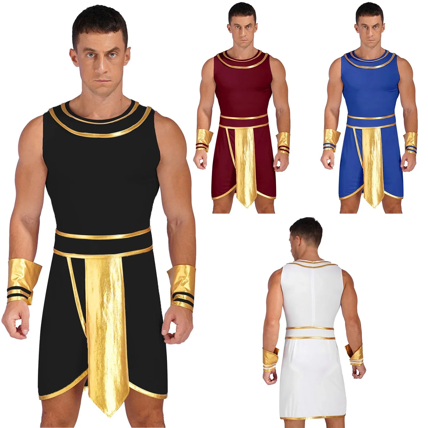Mens Ancient Egypt Costume Adults Halloween Masquerade Cosplay Carnival Party Dress Sleeveless Themed Roleplay Dress with Cuffs