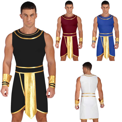 Mens Ancient Egypt Costume Adults Halloween Masquerade Cosplay Carnival Party Dress Sleeveless Themed Roleplay Dress with Cuffs