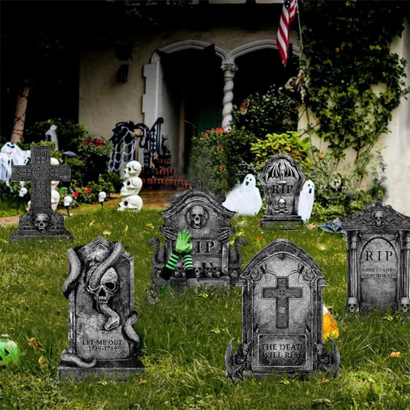 3/6Pcs 2024 Halloween Tombstone Decor Skull Tombstone RIP Letters Bad Omens Haunted House Decor for Patio Garden Frighten Kids