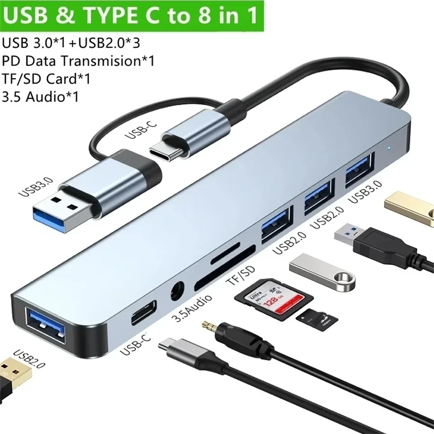8 in 2 Docking Station USB Type C HUB with 3.5mm Audio Jack Adapter Micro SD Card Reader Laptop Tablet Phone Disk Converter