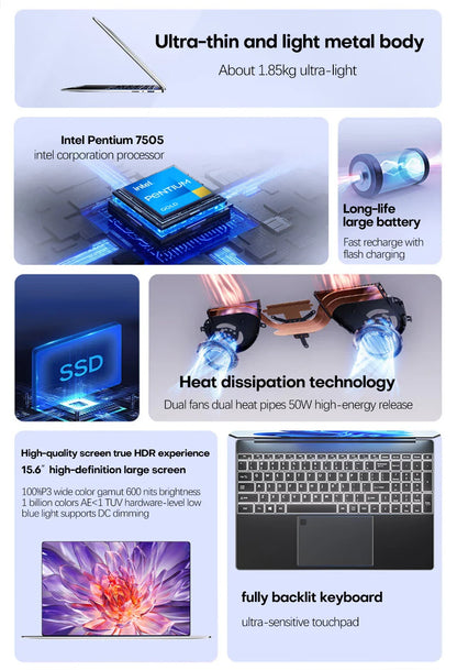 Xiaman Ordinateur portable 15,6" Intel Pentium 7505 Windows 11 Dual Core PC portable portable pour gamer avec déverrouillage par empreinte digitale