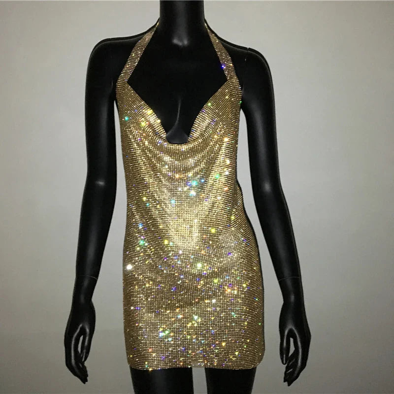 Robe de soirée sexy pour femme Bling Diamante, en cristal et strass, dos nu, pour festival, cocktail, soirée, rave.