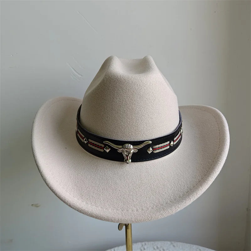 Ethnic Style Cowboy Hat Fashion Chic Unisex Solid Color Jazz Hat With Bull Shaped Decor Western Cowboy Hats