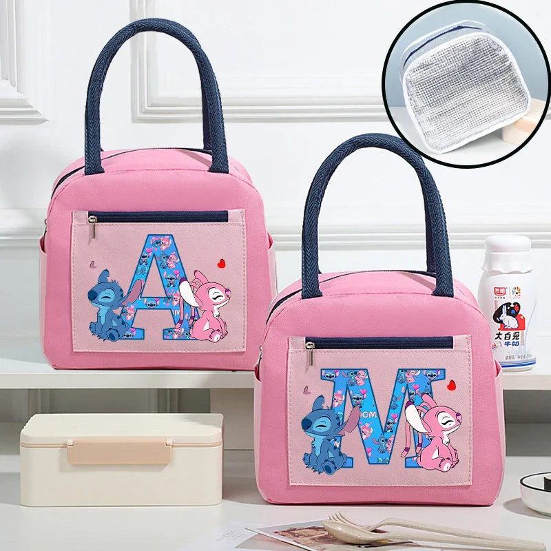 Anime Stitch High-capacity Lunch Bag Cartoon Letter A-Z Printed Insulated Box Picnic Portable Food Keep Fresh Handbag Bento Bags