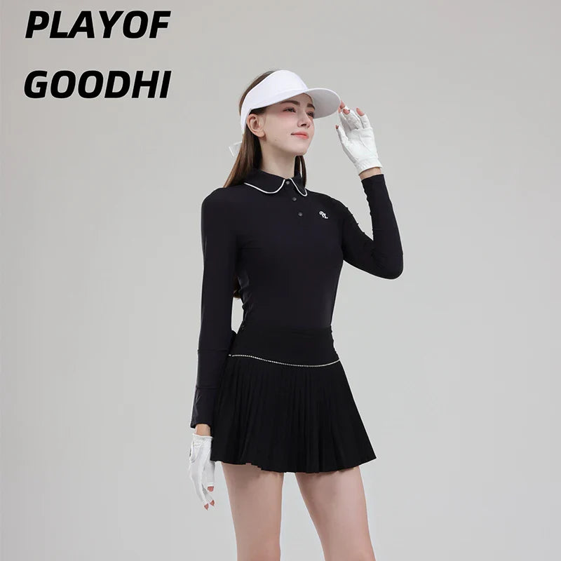 Vêtements de golf pour femme - T-shirt de golf à manches longues pour femme - Hauts de golf à col polo - Jupe plissée taille haute - Jupe-short de golf avec short intérieur