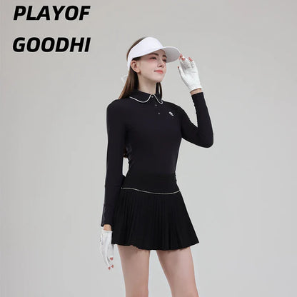 Female Golf Clothing Long Sleeve Golf T-shirt Women Polo Collar Golf Tops High-waist Pleats Skirt Golfer Skorts with Inner Short