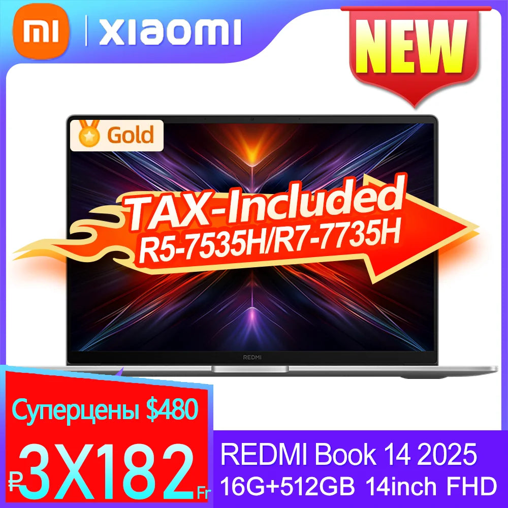 REDMI Book 14 2025 NEW R5-7535H Radeon 660M/R7-7735H Radeon 680M 16GB+512GB 14inch FHD 60Hz Screen