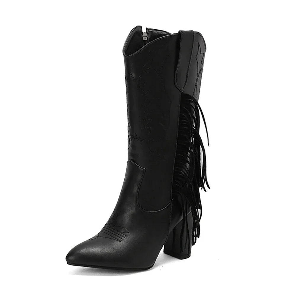 Botas De Mujer bottes De Cowboy occidentales brodées femmes mode pointu gland côté fermeture éclair genou bottes hautes chaussures gothiques 8508