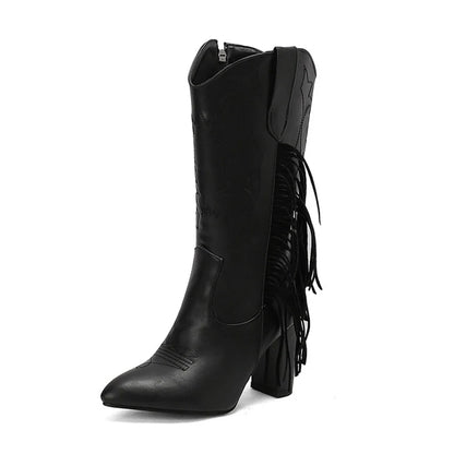 Botas De Mujer bottes De Cowboy occidentales brodées femmes mode pointu gland côté fermeture éclair genou bottes hautes chaussures gothiques 8508