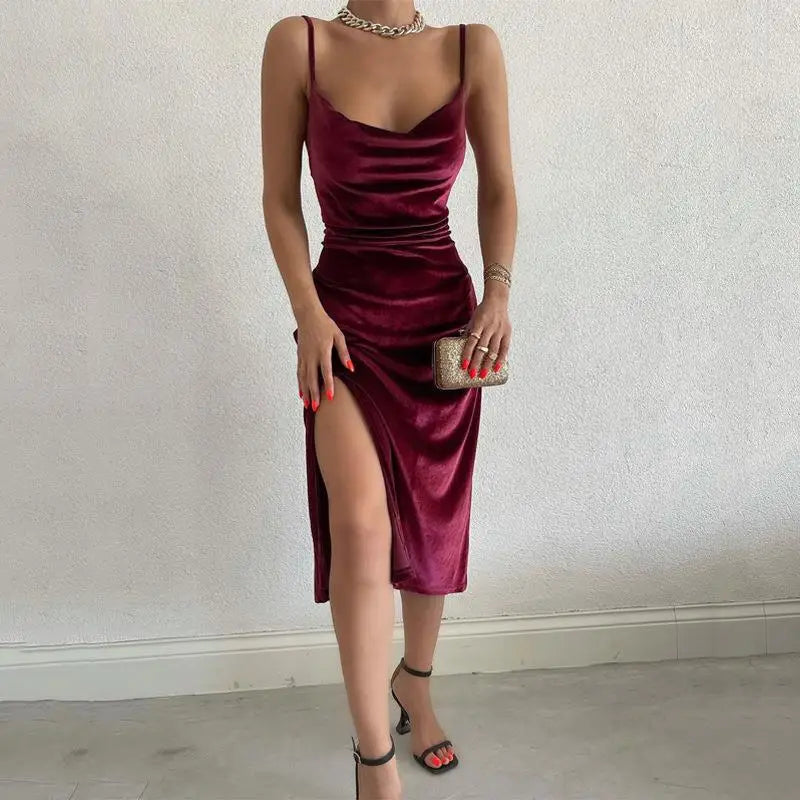 Sexy Slim Fit Velvet ter Par Dr Women's Summer New Sle High Waist Slit Gown Ladylike Cotton Blend Tummy Control