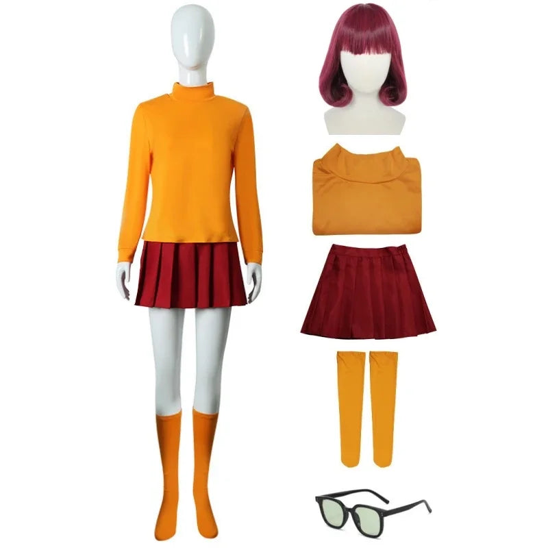 Halloween Velma Cosplay Costume Orange Short Skirt Uniform Women Orange Socks Top Skirt Halloween Party Carnival Set