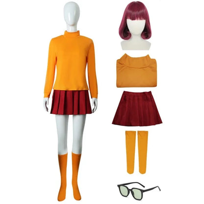 Halloween Velma Cosplay Costume Orange Short Skirt Uniform Women Orange Socks Top Skirt Halloween Party Carnival Set