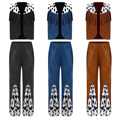 Enfants enfant Halloween Western Cowboy Cowgirl Cosplay Costume imprimé vache gilet à pampilles et ensemble de pantalon évasé Carnaval fête habiller