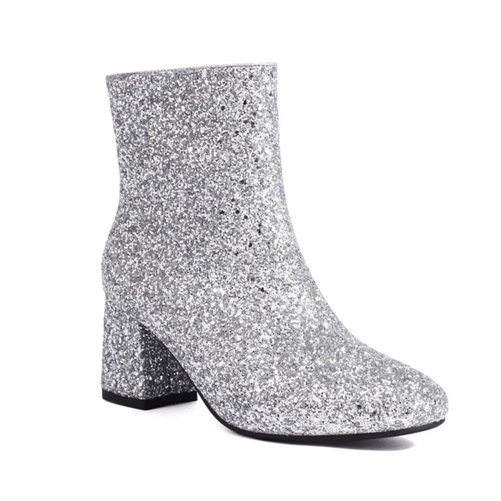 GIGIFOX Women Sequins Glitter Ankle Boots Chunky High Heel Side Zipper Shiny Fashion Shoe Sparkly Wedding Party Mid-Calf Booties