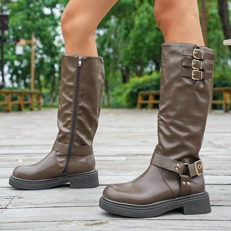 Bottes de cowboy rétro marron pour femmes 2025 Automne Hiver Cuir PU Bottes hautes Botas Mujer Fermeture éclair Boucle Plateforme Bottes de chevalier