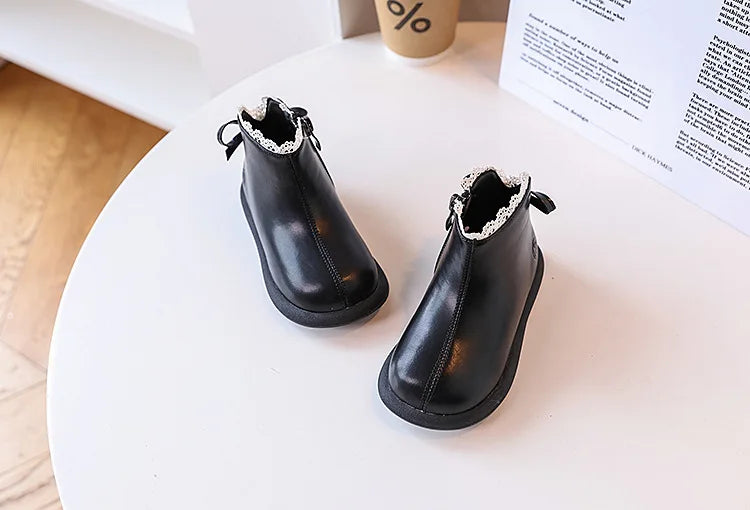 2024 New Autumn Children Boots Leather Girls Ankle Boots  Lace Butterfly-knot  Rubber Sole Fashion Toddler Kids Boots EU 21-30