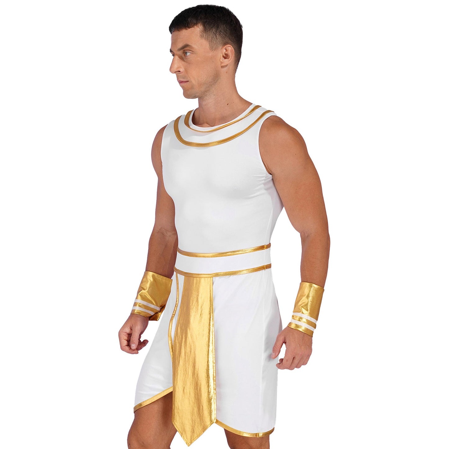 Mens Ancient Egypt Costume Adults Halloween Masquerade Cosplay Carnival Party Dress Sleeveless Themed Roleplay Dress with Cuffs