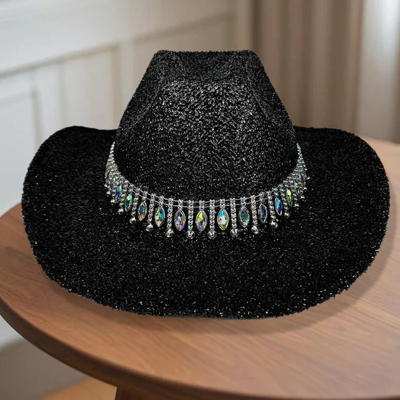 Chapeau de cowgirl pour femme élégant avec strass, chapeau de soleil à large bord, casquette western pour fêtes et usage quotidien