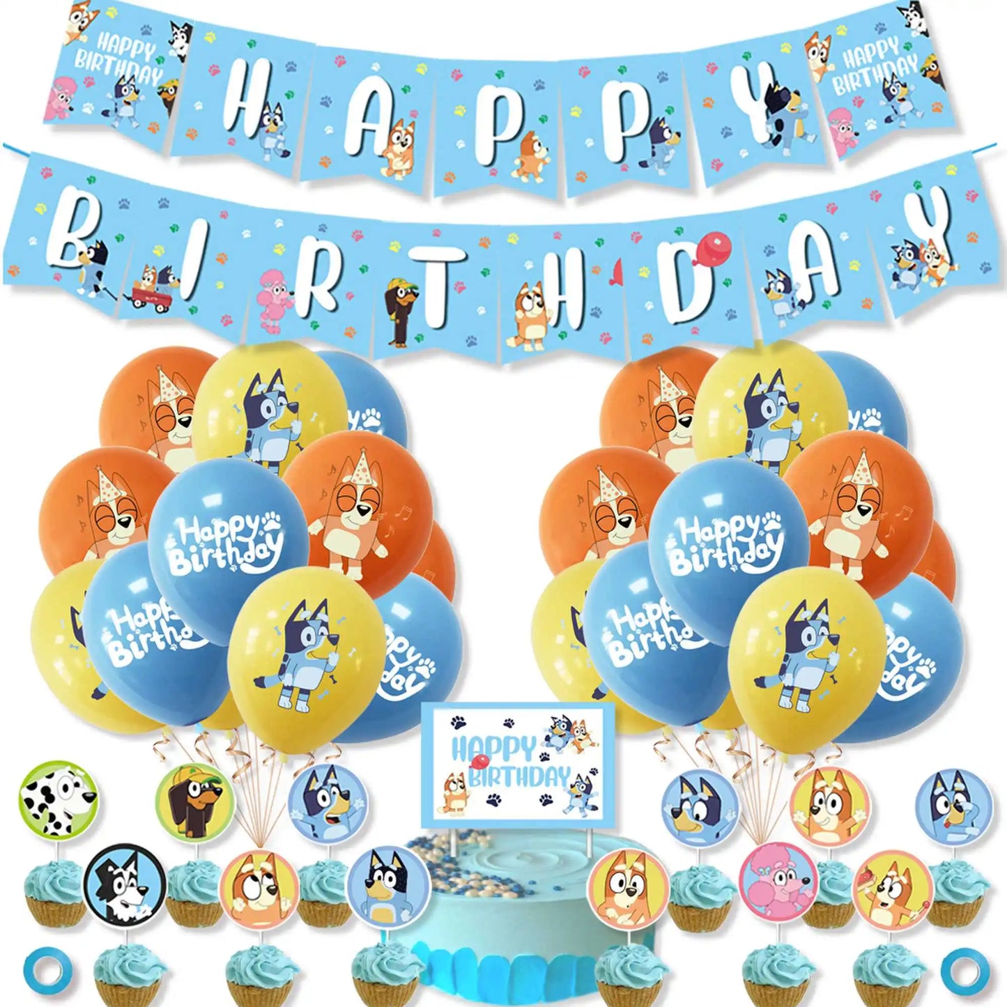 Bluey – vaisselle de fête d'anniversaire de noël, bannière jetable, garniture de gâteau, drapeau suspendu, ballons avec chiffres bleus, décoration d'anniversaire