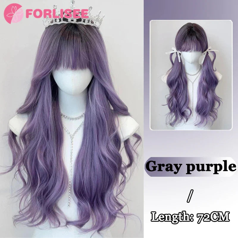 Pink Blonde Highlights Long Wavy Wig Synthetic Colorful Lolita Cosplay Hair Wigs with Bangs for Women Heat Resistant Daily Use