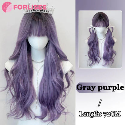 Pink Blonde Highlights Long Wavy Wig Synthetic Colorful Lolita Cosplay Hair Wigs with Bangs for Women Heat Resistant Daily Use