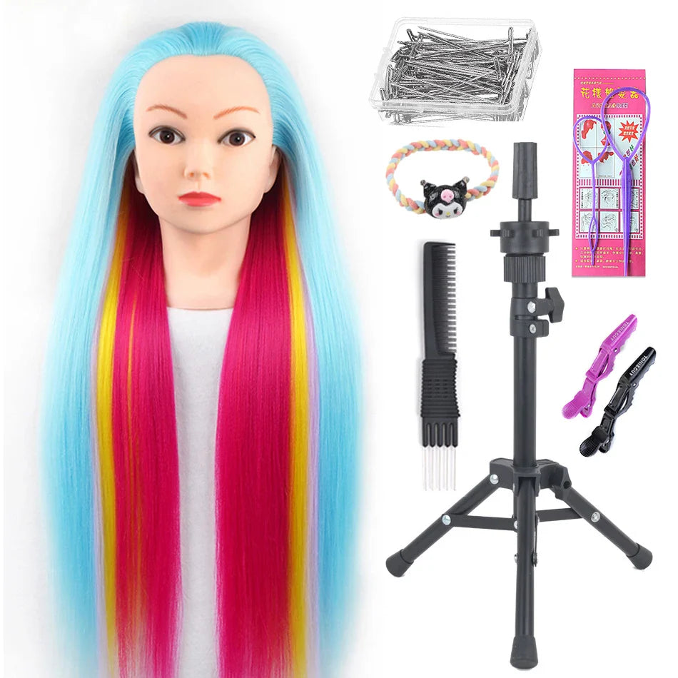 Tête de mannequin à cheveux longs synthétiques avec support de trépied de perruque réglable Modèle avec tête de mannequin Formation de coiffeur coiffant