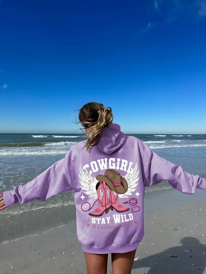 Sweat à capuche western chic pour femme – Pull doux et extensible à manches longues avec capuche brodée d'un chapeau et de bottes de cowboy