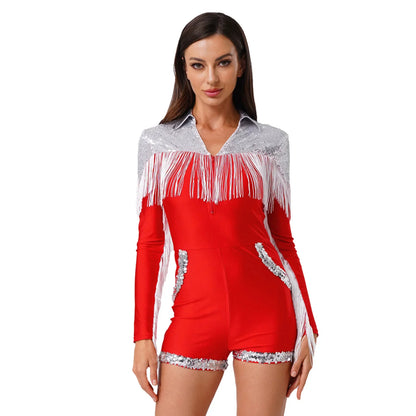 Womens Halloween Western Cowgirl Playsuit Sparkly Cosplay Costume 70s 80s Disco Bodysuit Tassel Fringe Sequins Boyshorts Rompers