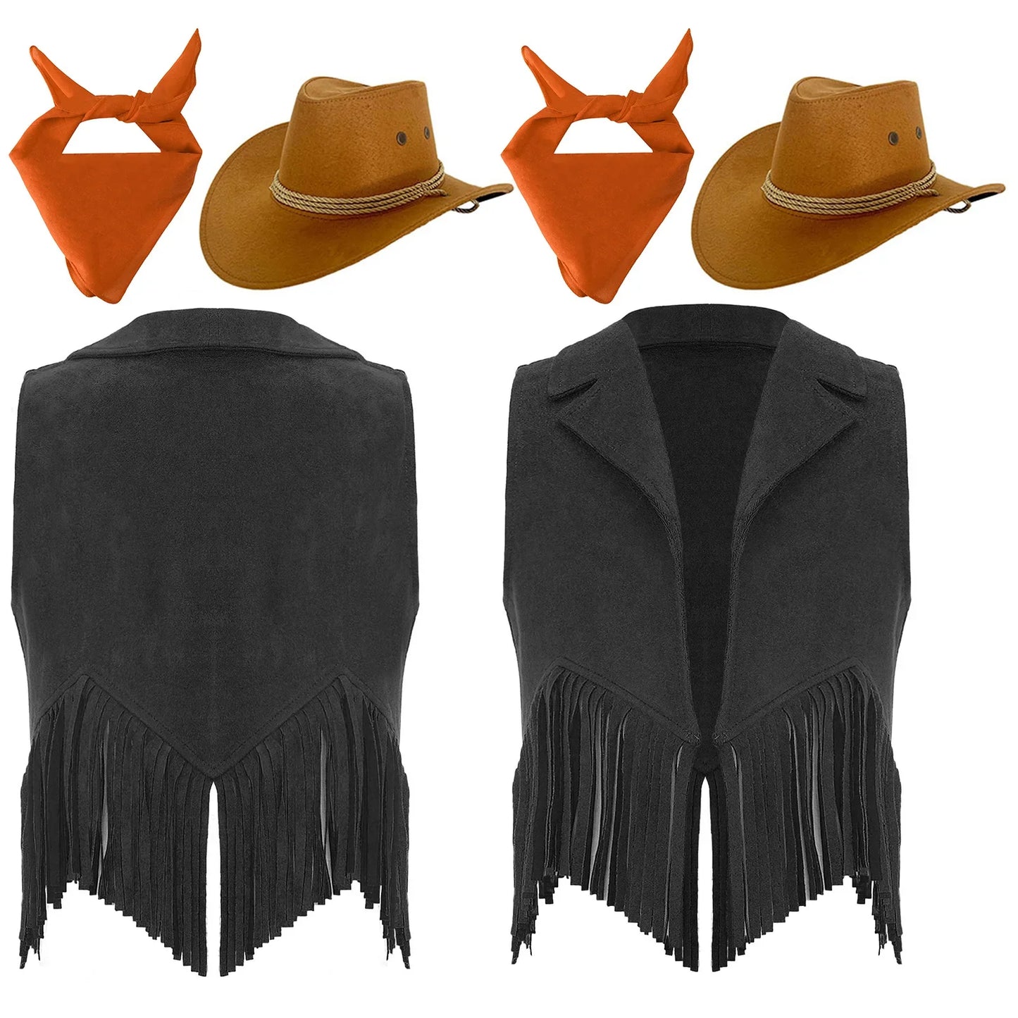 Girls Western Cowboy Cowgirl Cosplay Costume Open Front Retro Suede Tassels Vest with Bandana Scarf Hat for Halloween Carnival