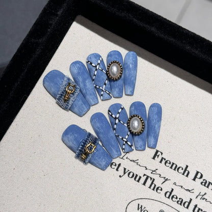 10 faux ongles bleus faits main de style cowboy, ongles adhésifs à presser, couverture complète, Uñas Накладные Ногти