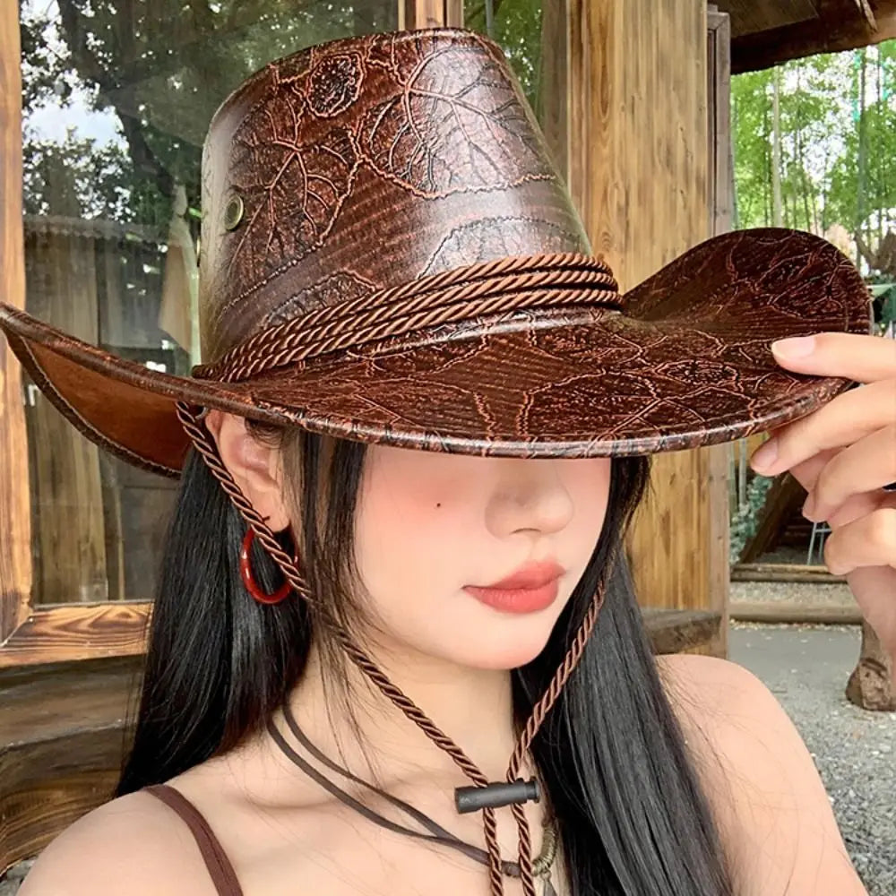 Chapeau de Cowboy occidental de Style ethnique Cool, chapeau de chevalier en Polyester à large bord, couleur unie noir/marron, chapeau de Jazz pour filles