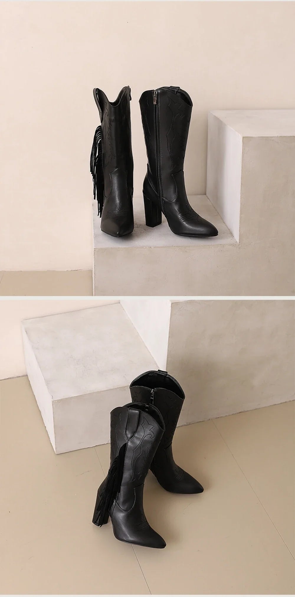 Botas De Mujer bottes De Cowboy occidentales brodées femmes mode pointu gland côté fermeture éclair genou bottes hautes chaussures gothiques 8508