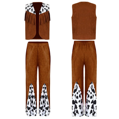 Enfants enfant Halloween Western Cowboy Cowgirl Cosplay Costume imprimé vache gilet à pampilles et ensemble de pantalon évasé Carnaval fête habiller