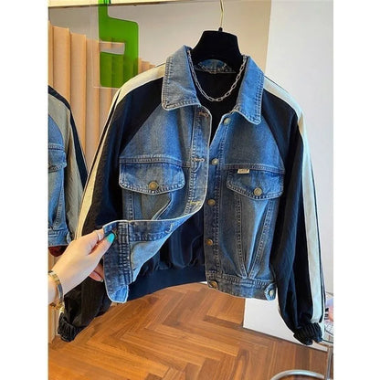 2025 Spring Autumn Short Baseball Jacket Loose Fitting Cowboy Women Outerwear European Fashion Splicing Together Denim Lady Coat
