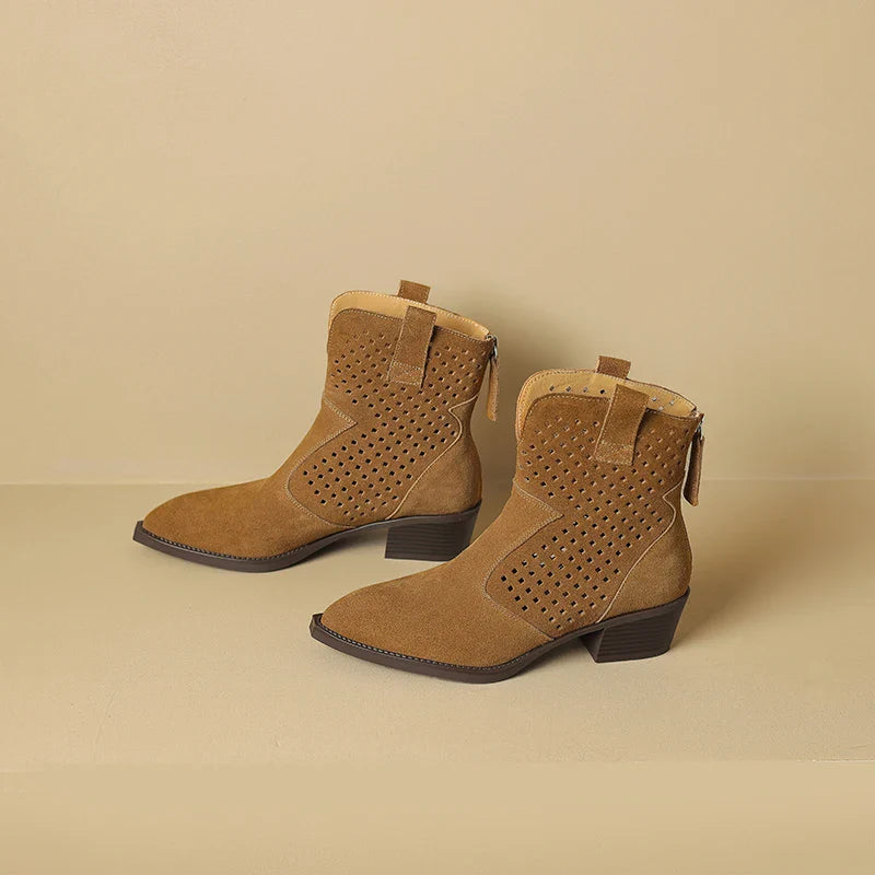 2025 Spring Autumn Chelsea Boots for Woman Cow Suede Pointy Toe Wedge Heel Ankle Boots Cutouts Comfortable Cowboy Boots Female