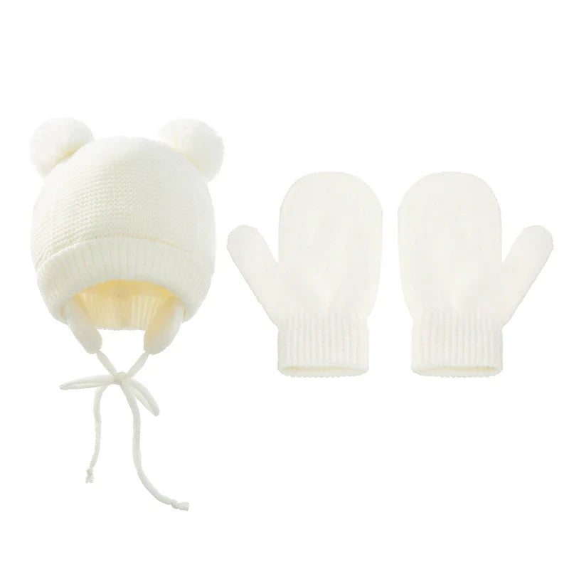 Ensemble de gants et bonnets en tricot pour bébé, protection des oreilles pour bébé, bonnet pour tout-petit, document solide, mignon, guerre en plein air, filles et garçons, automne et hiver, 2 pièces