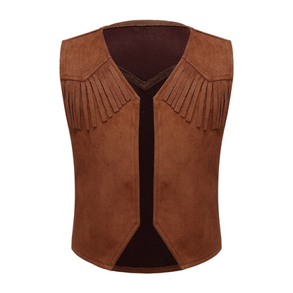 Gilet de Cowboy occidental pour enfants, garçons et filles, Costume de Cosplay d'halloween, pompon en daim, manteau ouvert sur le devant, hauts