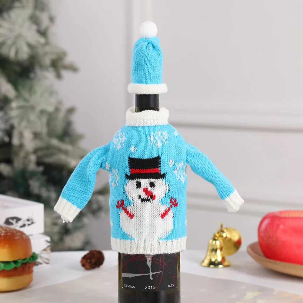 Ensemble de bouteilles de vin de noël tricotées créatives, couvre-bouteille de vin, manches, bonhomme de neige du père noël, nouvel an, décor de Table à dîner