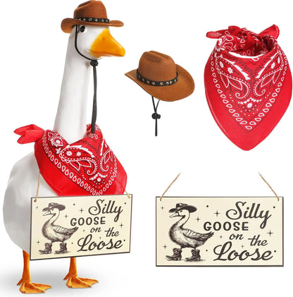 The Loose Hangings Sign Cowboy Goose Outfit with Cowboy Hat and Red Bandana for 23" Cement/Plastic Goose Outdoor Statue Patio