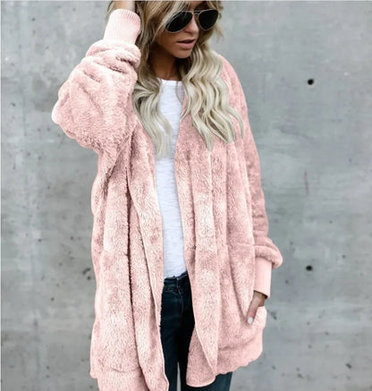 Winter Double Fleece Cardigan Jacket Autumn Women Solid Color Long Sleeve Plush Warm Hooded Lady Jacket Oversized Outerwear Coat
