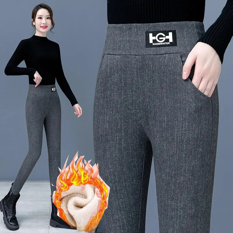 Leggings en laine d'agneau femmes taille haute Leggings chauds en plein air marche pantalons décontractés extensible maigre avec poche Leggings élégants