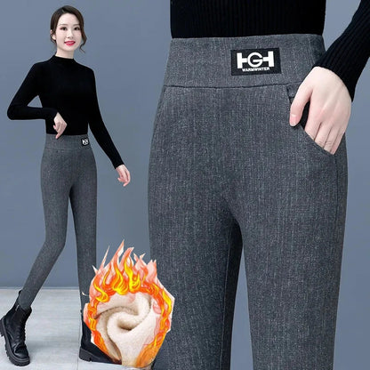 Leggings en laine d'agneau femmes taille haute Leggings chauds en plein air marche pantalons décontractés extensible maigre avec poche Leggings élégants
