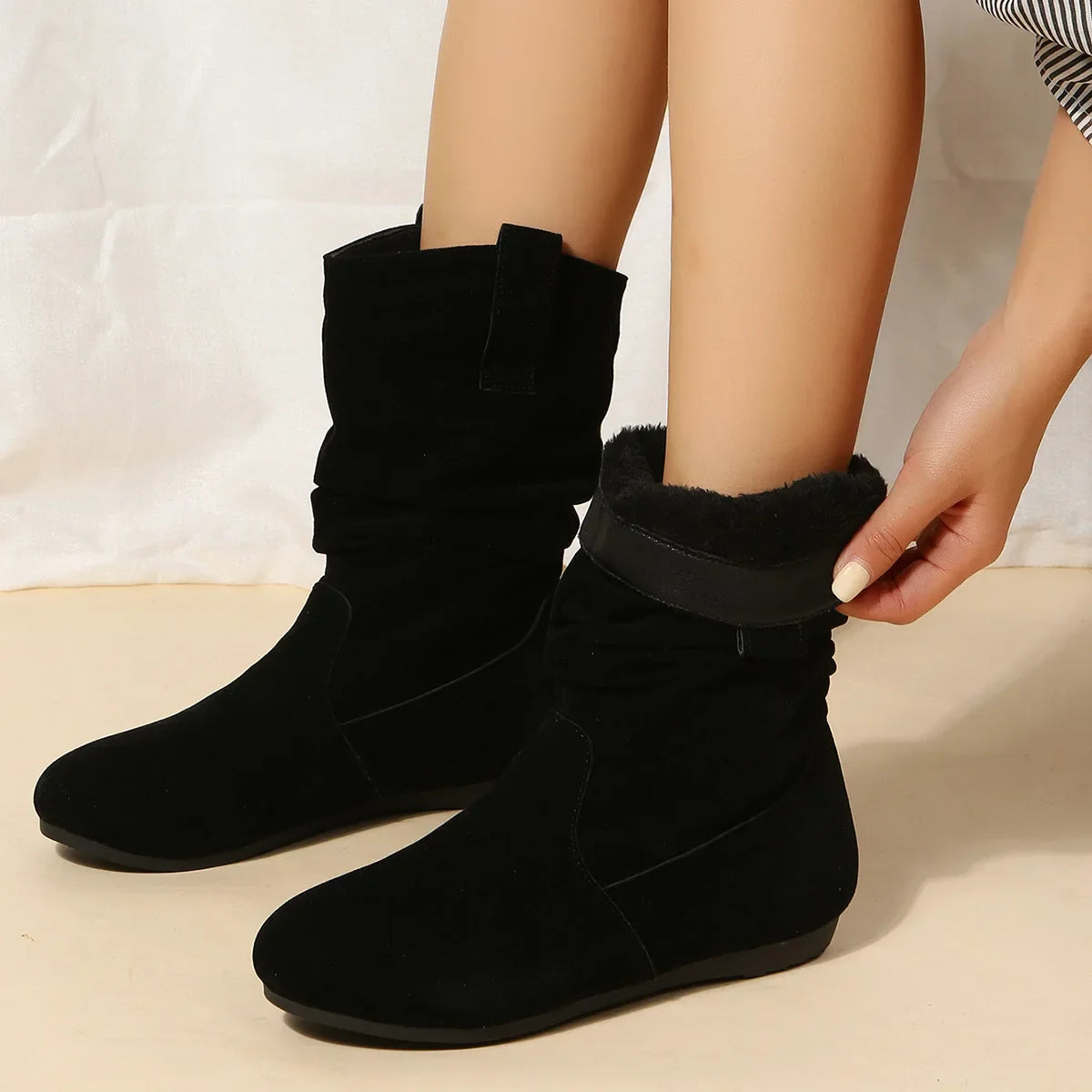 Women Flat Mid-calf Suede Ankle Boots Platform West Cowboy Shoes Round Toe Boot 2025 Autumn Designer Ladies Suede Botas De Mujer
