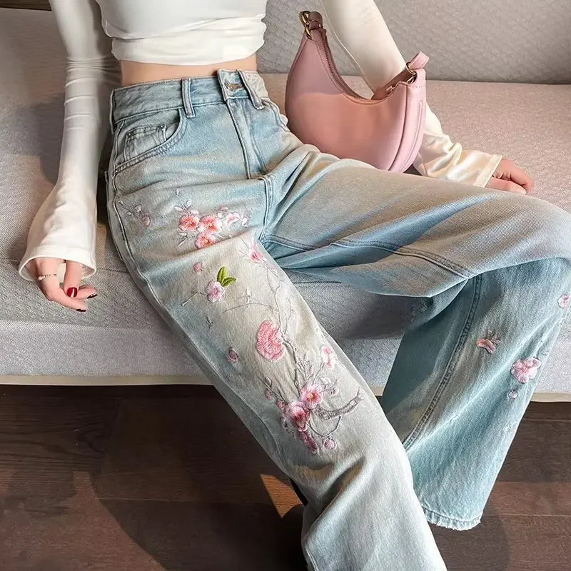 French pink flower embroidered jeans women spring and autumn new high waist fashion slim wide-leg pants embroidered straight