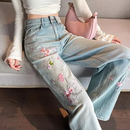 French pink flower embroidered jeans women spring and autumn new high waist fashion slim wide-leg pants embroidered straight